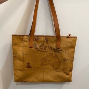 Alviero Martini 1A Classe Brown Geo Classic Map Print Tote Bag w Metal Tag